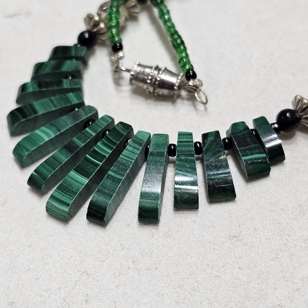 Malachite Necklace with Onyx, Glass, and Silver Beads - Picture 8 of 15